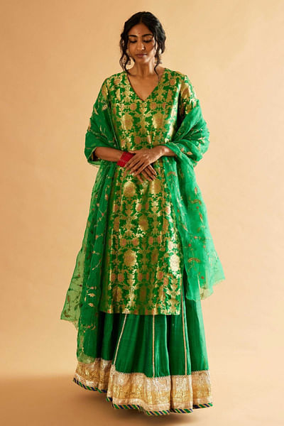 Emerald green gota work lehenga set