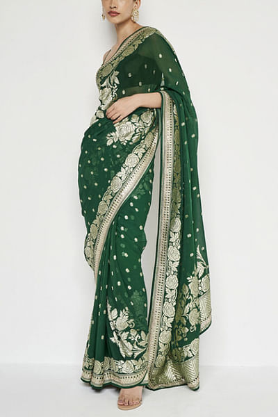 Emerald green handwoven banarasi sari set