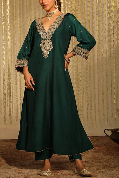Emerald green kiran dori embroidery kurta set