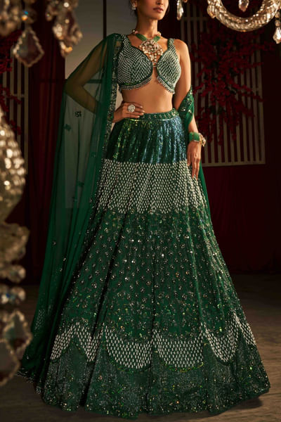 Emerald green pearl and sequin embroidered lehenga set