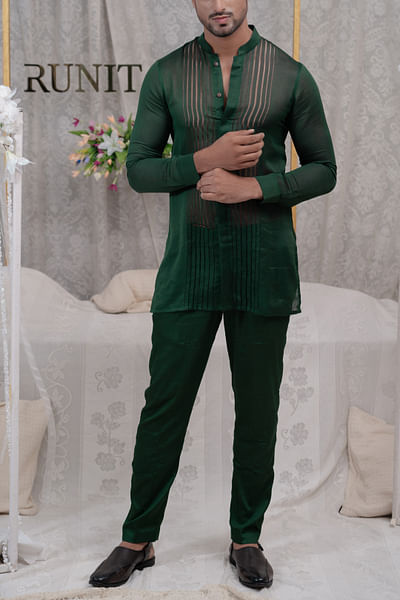Emerald green pulled thread shirt kurta set