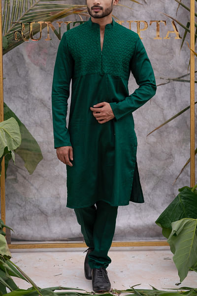 Emerald green resham quilted kurta set