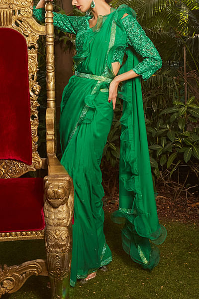 Emerald green ruffled saree set