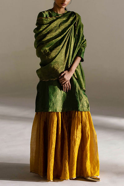 Emerald green woven tissue silk gharara set