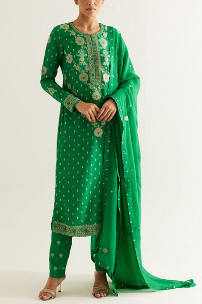 Emerald green zardozi embroidery kurta set