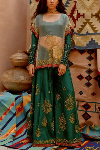 Emerald sequin embroidery sharara set