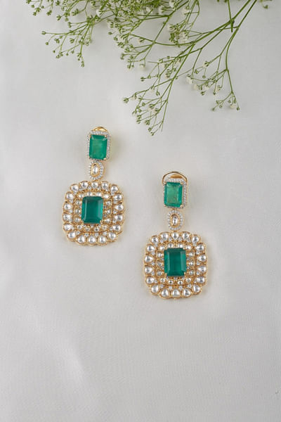 Emerald stone and kundan earrings