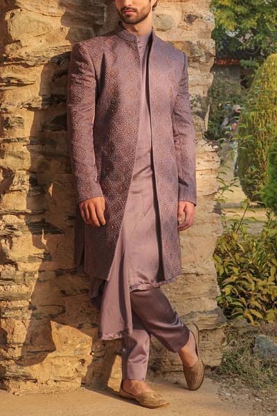 English purple kashmiri jamawar embroidered open sherwani set