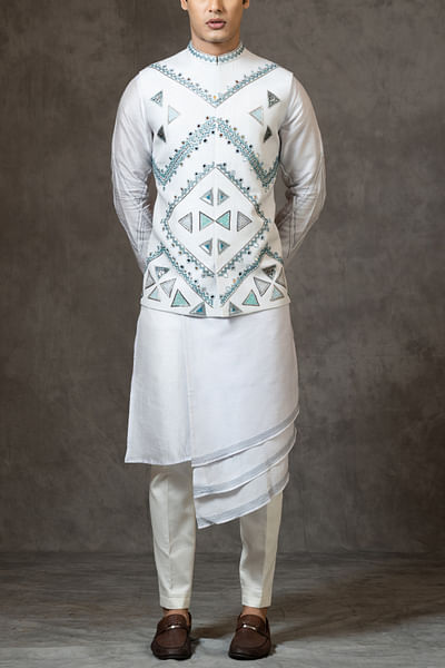 Faded blue mirror embellished Nehru kurta set