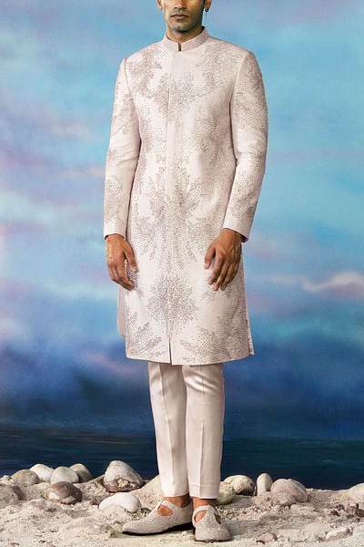 Feather pink embellished long sherwani set