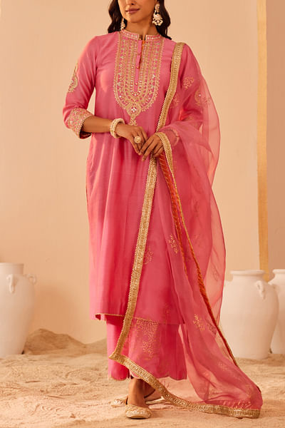 Flamingo pink patra embroidery kurta set