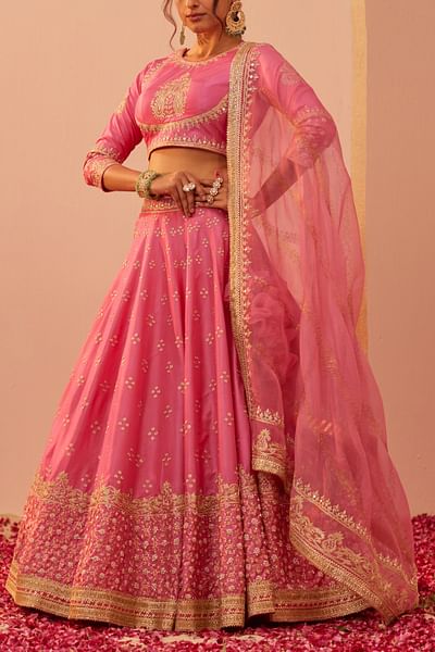 Flamingo pink patra embroidery lehenga set