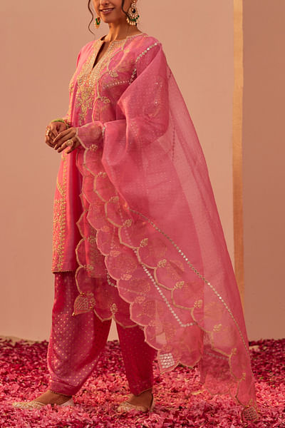 Flamingo pink patra embroidery short kurta set