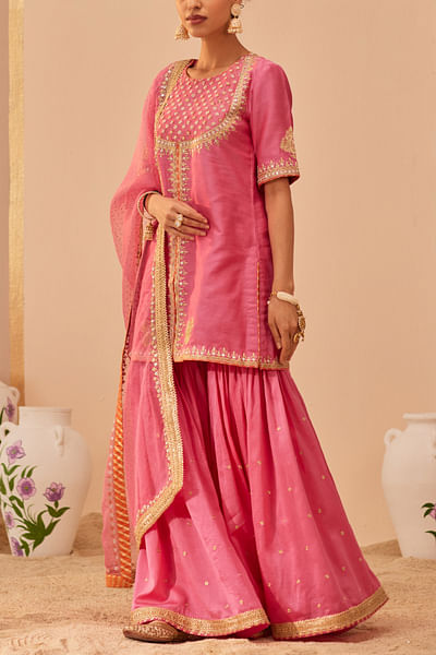 Flamingo pink tilla embroidered gharara set