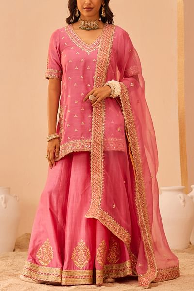 Flamingo pink tilla embroidery lehenga set