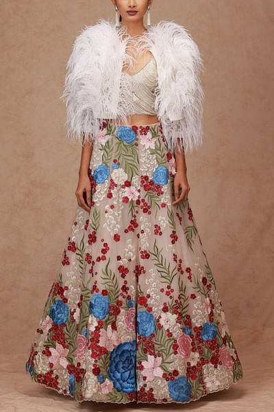 Floral embroidered panelled skirt set