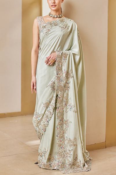 Floral sequin and zari embroidered sari set