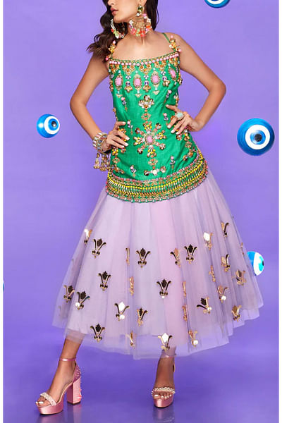 Forest green 3D embellished short lehenga set