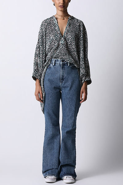 Forest green abstract printed asymmetric plisse shirt