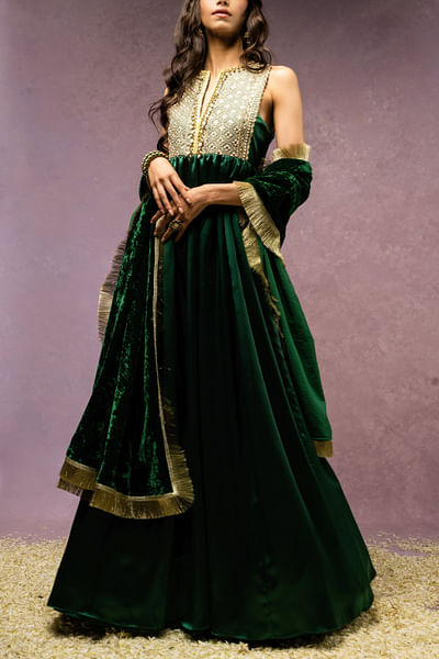 Forest green dori and mirror embroidered anarkali and dupatta