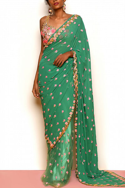 Forest green floral detail pre-stitched saree set