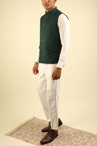 Forest green khadi Nehru jacket