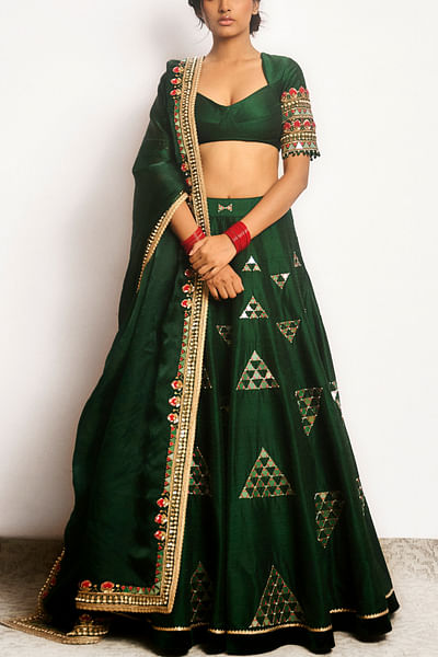 Forest green mirror embroidery lehenga set