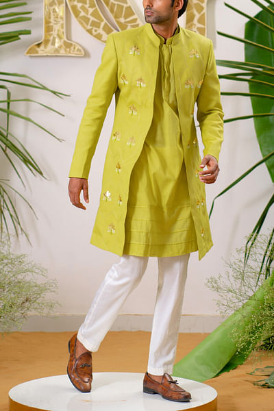 Fresh green motif embroidered sherwani set