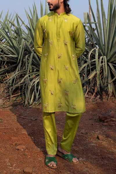 Fresh green reindeer motif embroidery kurta set