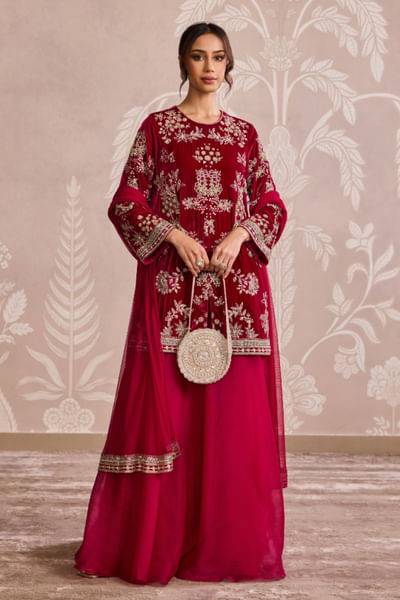 Fuchsia embroidered kurta sharara set