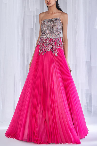 Fuchsia embroidered pleated gown