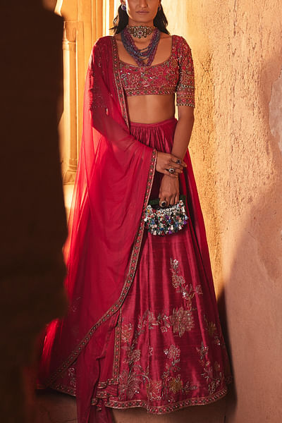 Fuchsia embroidered raw silk lehenga set