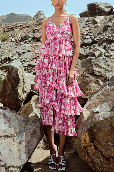 Fuchsia floral print frill dress
