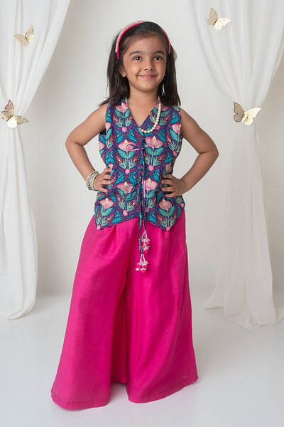 Fuchsia floral printed waistcoat set