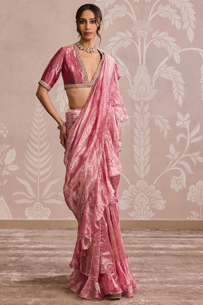 Fuchsia gold ruffle sari set