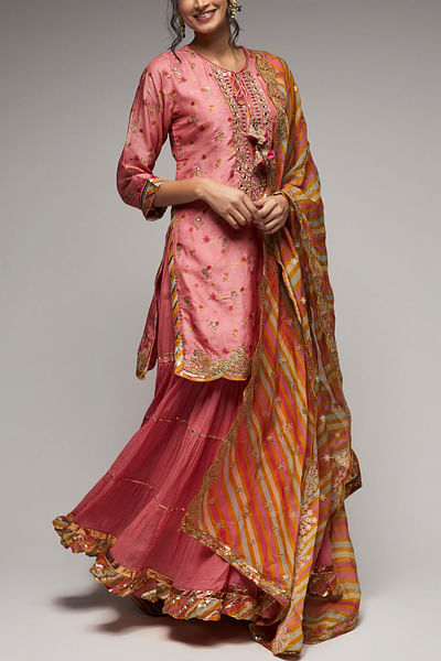 Fuchsia gold thread embroidered sharara set