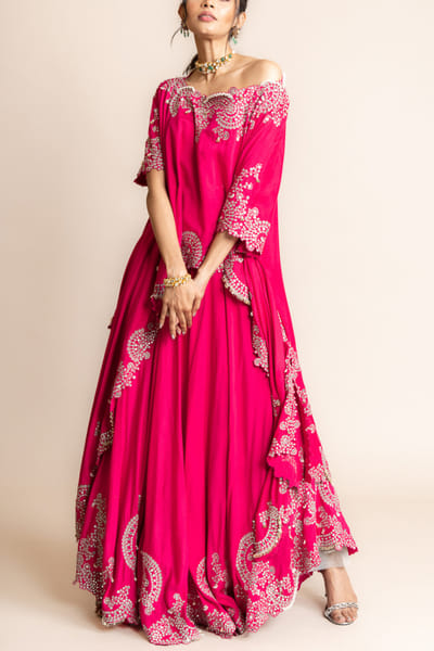 Nupur Kanoi Fuchsia mirror embellished off-shoulder asymmetric top and sharara NUKMAY2307