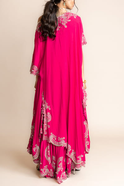 Nupur Kanoi Fuchsia mirror embellished off-shoulder asymmetric top and sharara NUKMAY2307
