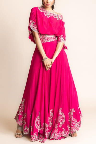 Nupur Kanoi Fuchsia mirror embellished off-shoulder top and sharara NUKMAY2304