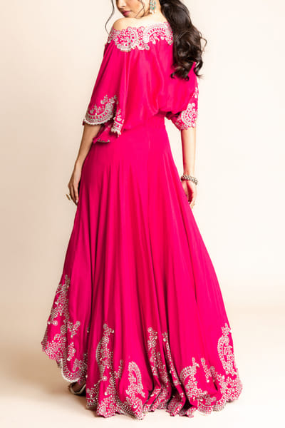Nupur Kanoi Fuchsia mirror embellished off-shoulder top and sharara NUKMAY2304