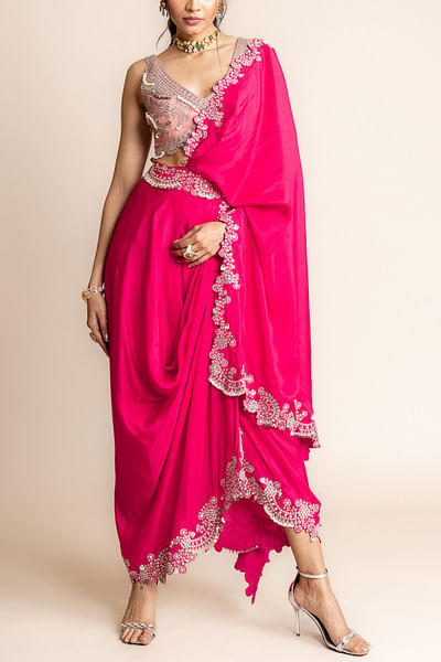 Fuchsia mirror embellished pre-draped sari set