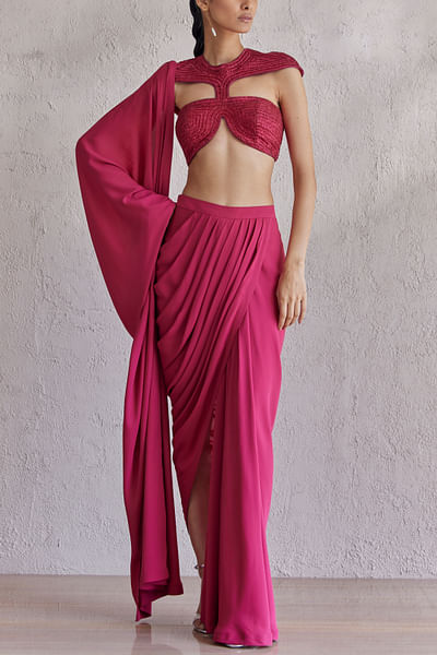 Fuchsia pink draped saree set