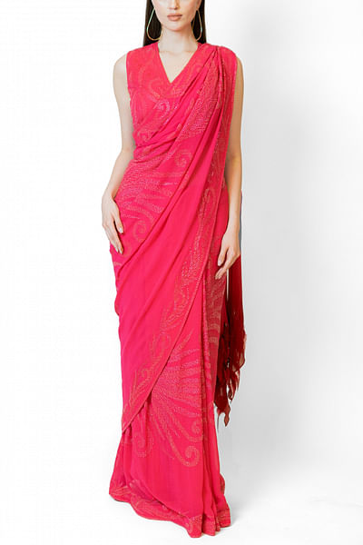 Fuchsia pink feather and sequin embellished sari set