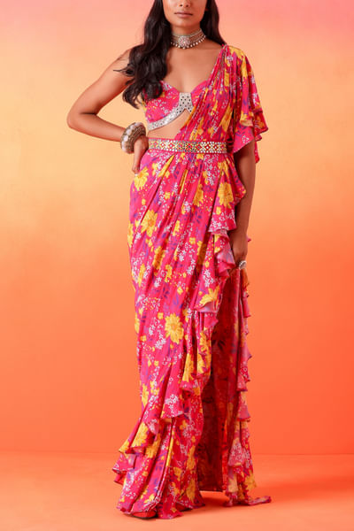 Fuchsia pink floral print draped ruffle saree set