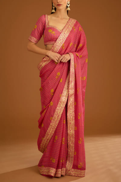 Shyam Narayan Prasad Fuchsia pink floral printed sari set SNPMAY2306
