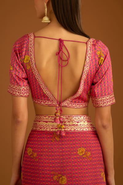 Shyam Narayan Prasad Fuchsia pink floral printed sari set SNPMAY2306