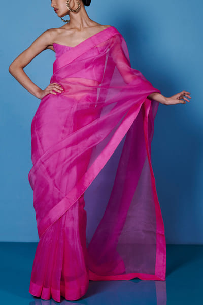 Fuchsia pink handwoven organza saree set