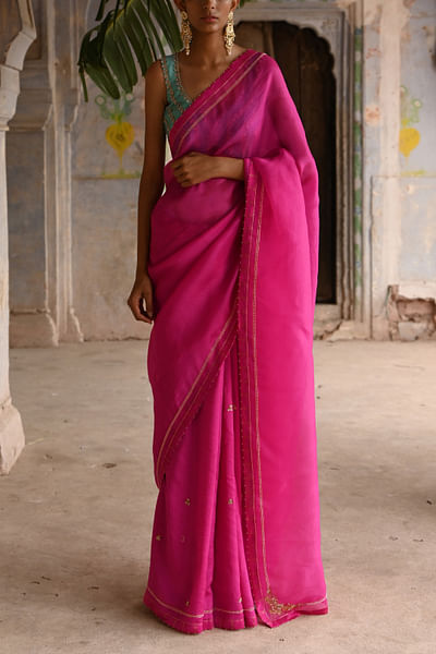 Fuchsia pink pearl embroidery sari set