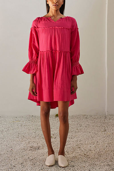 Fuchsia pink smocked tiered dress