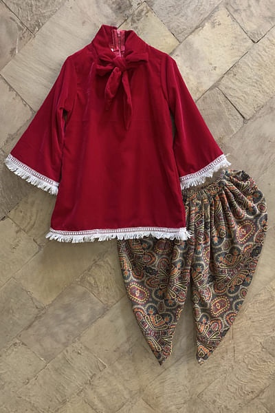 Fuchsia pink velvet kurta set